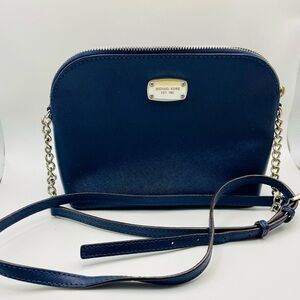 Michael Kors Dark Blue Navy Dome Crossbody Bag Saffiano Leather. Silver Hardware